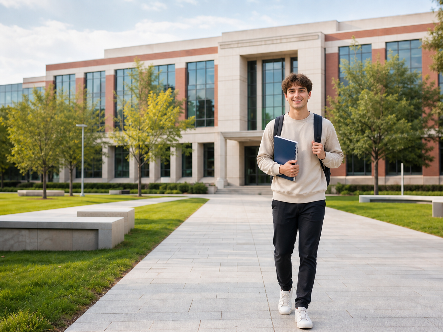 International student in front of a university campus